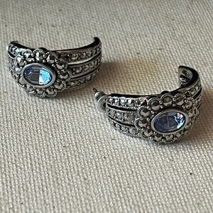Avon Vintage-Inspired Hoop Earrings – Blue Crystal & Marcasite Design